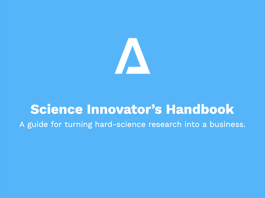 A blue box with the Activate logo and the text “Science Innovator’s Handbook - A guide for turning hard-science research into a business“ on it.